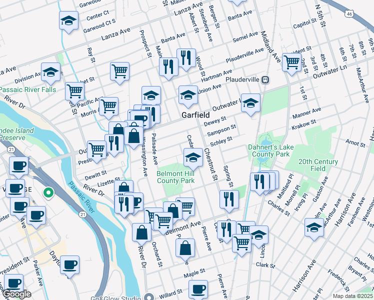 map of restaurants, bars, coffee shops, grocery stores, and more near 168 Cedar Street in Garfield