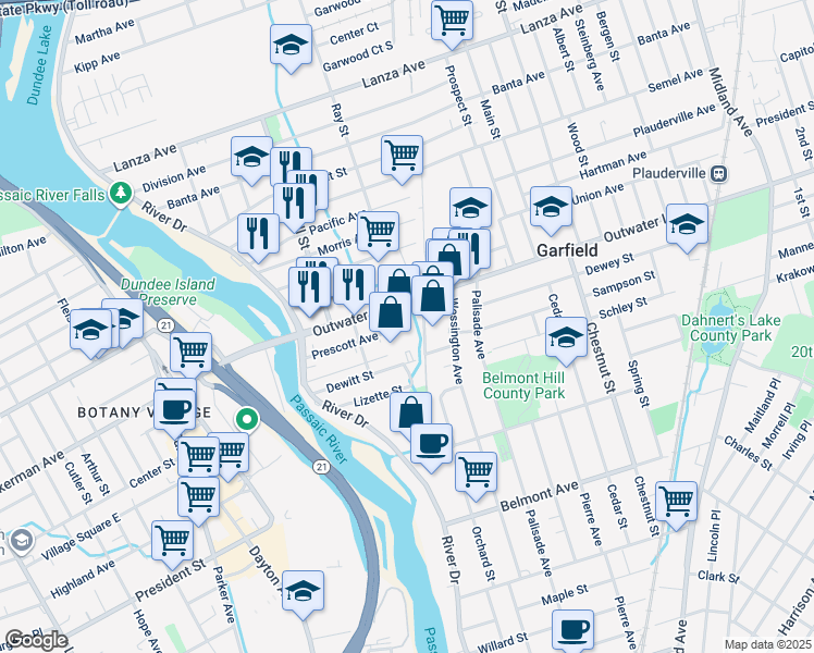 map of restaurants, bars, coffee shops, grocery stores, and more near 75 Dewitt Street in Garfield