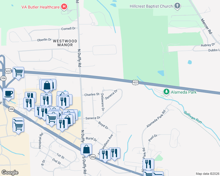 map of restaurants, bars, coffee shops, grocery stores, and more near 107 Seneca Drive in Butler