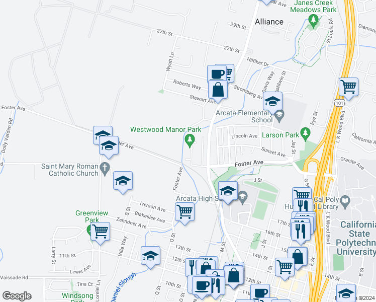 map of restaurants, bars, coffee shops, grocery stores, and more near 2165 Heather Lane in Arcata