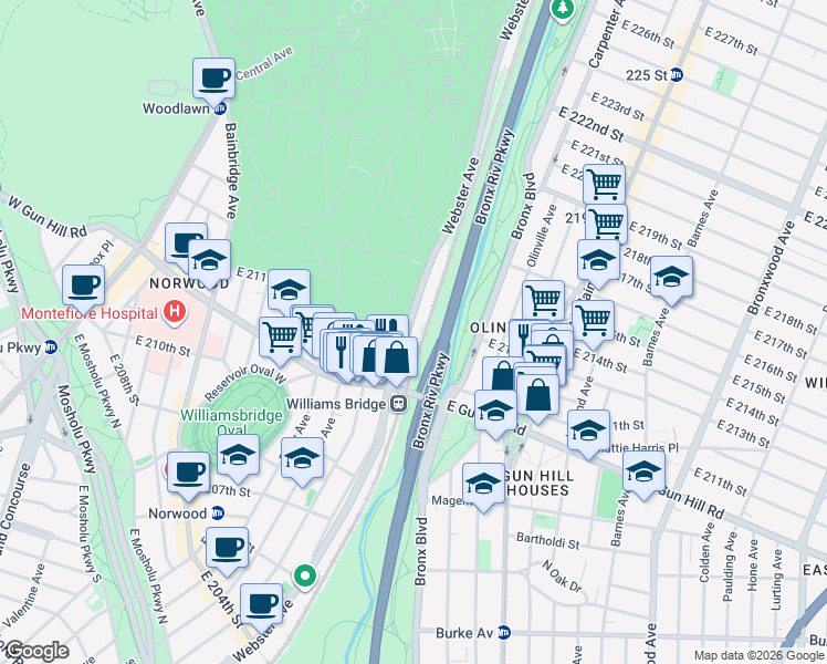 map of restaurants, bars, coffee shops, grocery stores, and more near 3560 Webster Avenue in Bronx