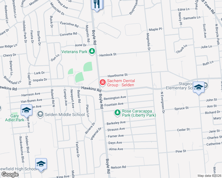 map of restaurants, bars, coffee shops, grocery stores, and more near 76 Hawthorne Street in Selden