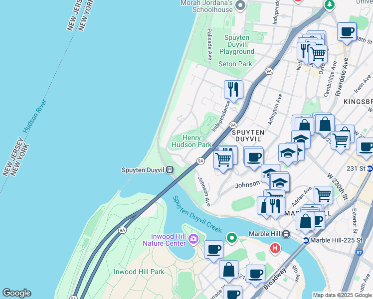 map of restaurants, bars, coffee shops, grocery stores, and more near 2550 Independence Avenue in The Bronx
