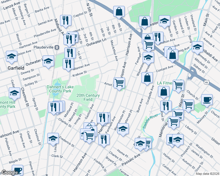 map of restaurants, bars, coffee shops, grocery stores, and more near 389 Macarthur Avenue in Garfield
