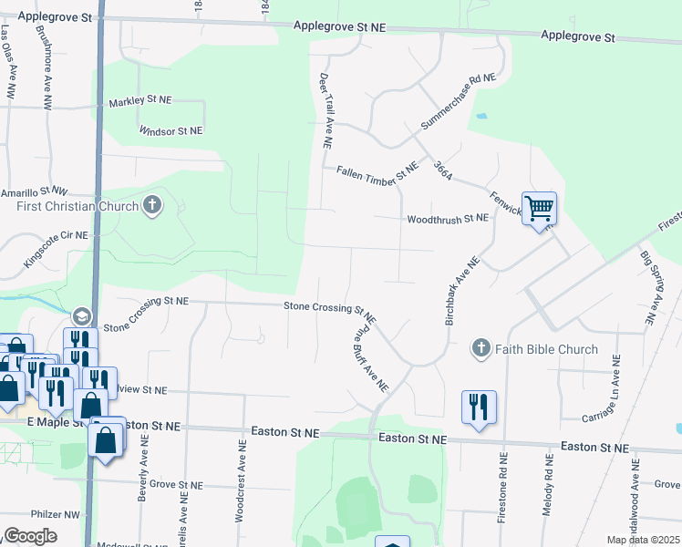 map of restaurants, bars, coffee shops, grocery stores, and more near 1572 Gatehouse Street Northeast in Canton