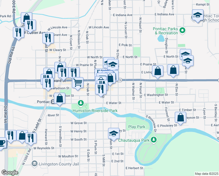 map of restaurants, bars, coffee shops, grocery stores, and more near 112 West Madison Street in Pontiac