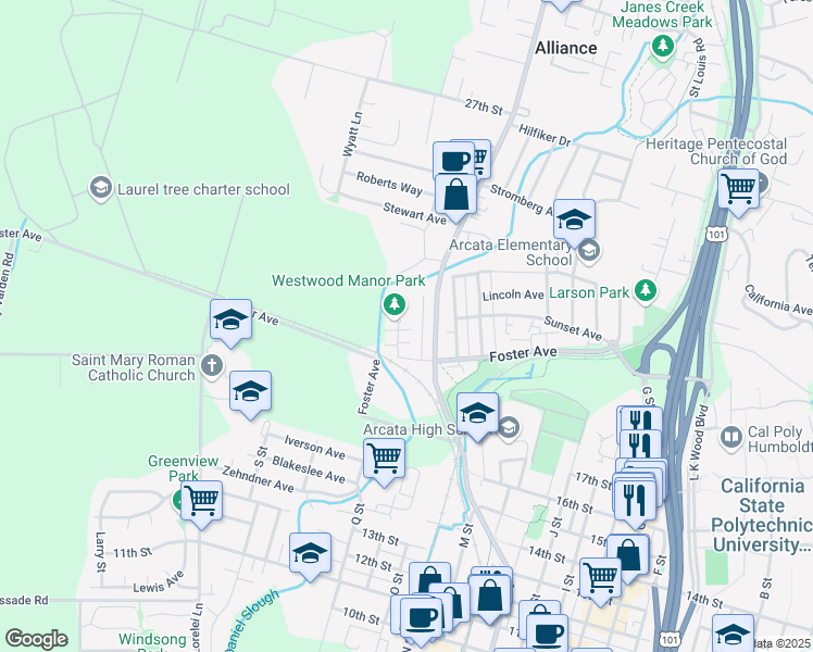 map of restaurants, bars, coffee shops, grocery stores, and more near 2237 Heather Lane in Arcata