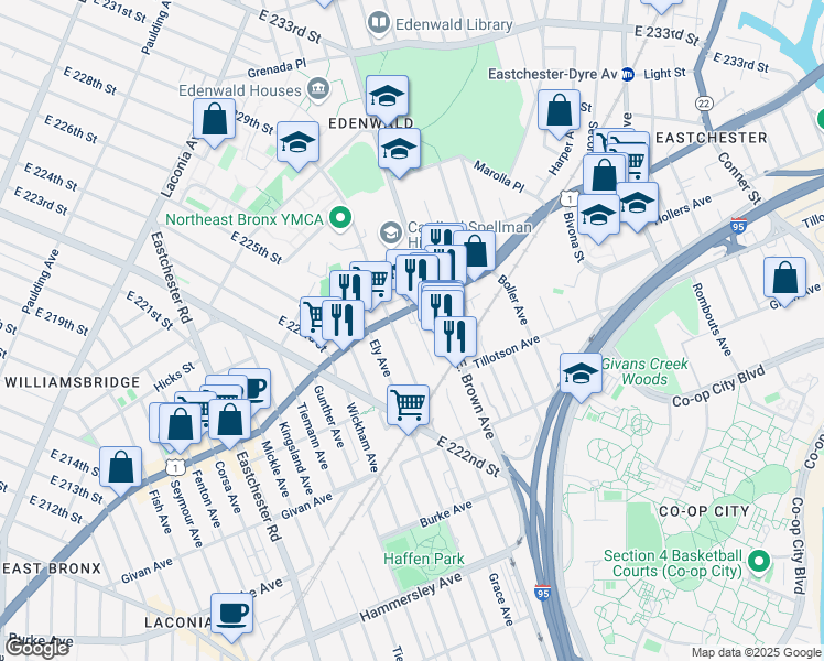 map of restaurants, bars, coffee shops, grocery stores, and more near in The Bronx