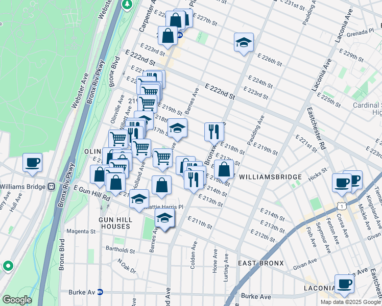 map of restaurants, bars, coffee shops, grocery stores, and more near 819 East 217th Street in Bronx