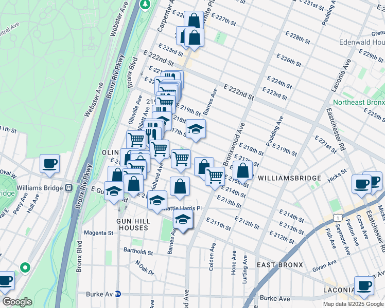map of restaurants, bars, coffee shops, grocery stores, and more near 769 East 216th Street in The Bronx