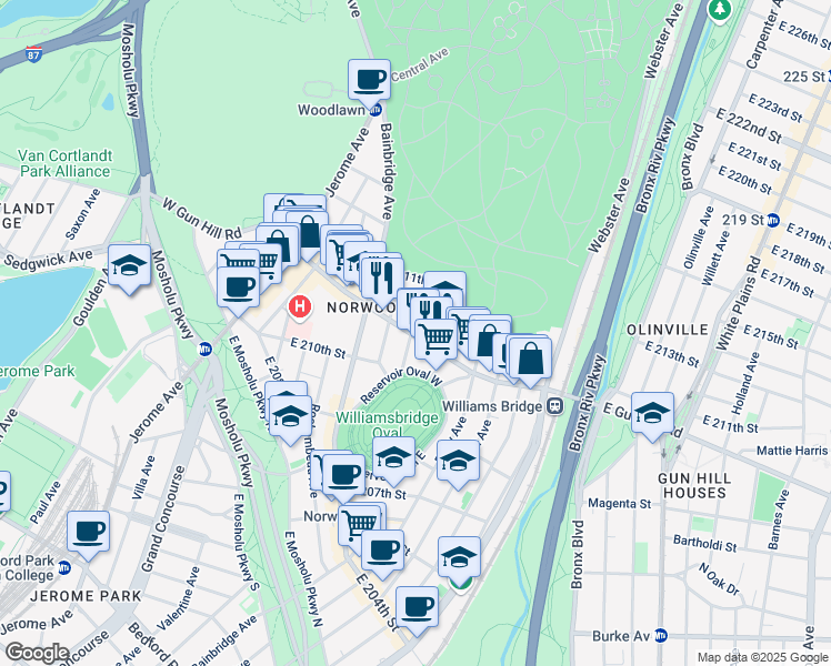 map of restaurants, bars, coffee shops, grocery stores, and more near 3520 Tryon Avenue in Bronx