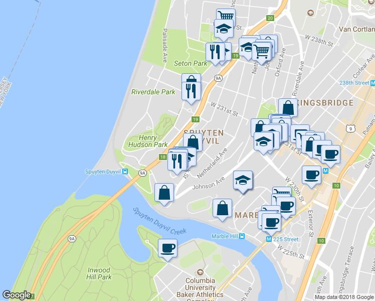 map of restaurants, bars, coffee shops, grocery stores, and more near in The Bronx