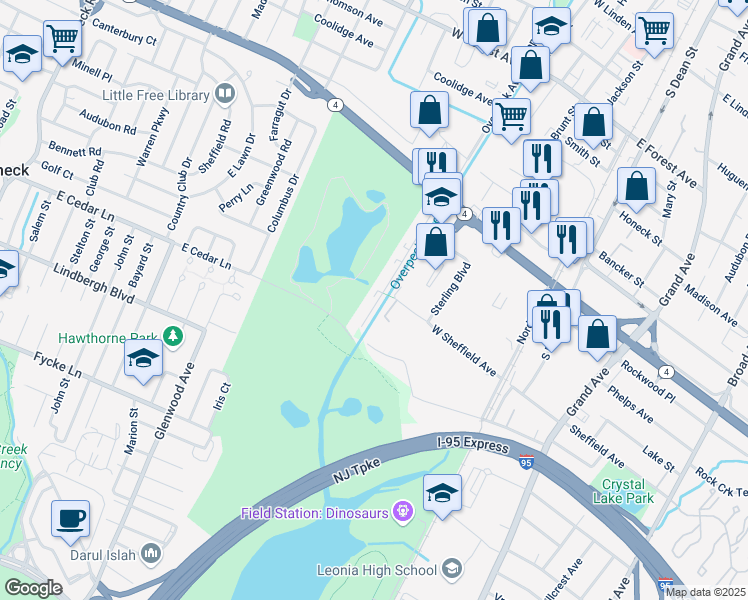 map of restaurants, bars, coffee shops, grocery stores, and more near 2412 Windsor Park Court in Englewood