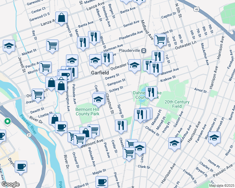 map of restaurants, bars, coffee shops, grocery stores, and more near 135 Schley Street in Garfield