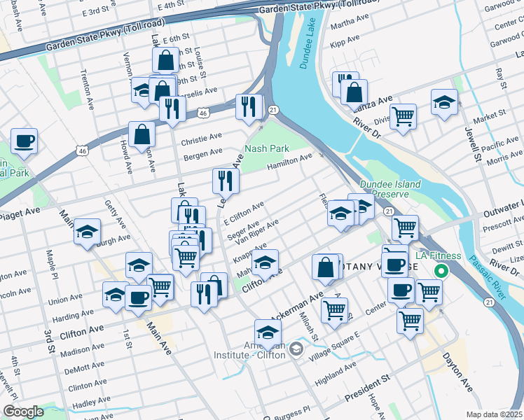 map of restaurants, bars, coffee shops, grocery stores, and more near 41 Arlington Avenue in Clifton