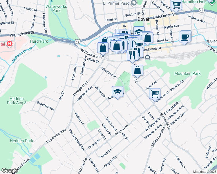 map of restaurants, bars, coffee shops, grocery stores, and more near 50 Thompson Avenue in Dover