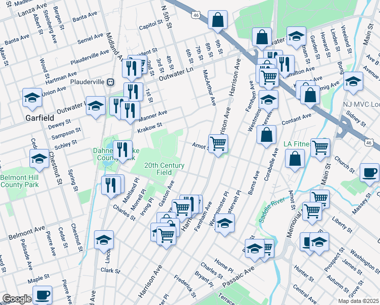 map of restaurants, bars, coffee shops, grocery stores, and more near 303 Malcolm Avenue in Garfield