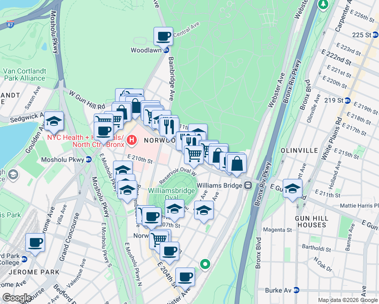 map of restaurants, bars, coffee shops, grocery stores, and more near 3520 Tryon Avenue in Bronx