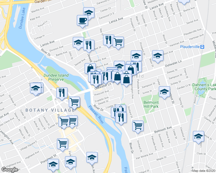 map of restaurants, bars, coffee shops, grocery stores, and more near 48 Outwater Lane in Garfield