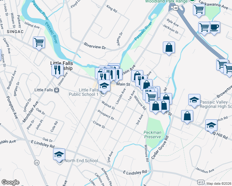 map of restaurants, bars, coffee shops, grocery stores, and more near 71 Main Street in Little Falls