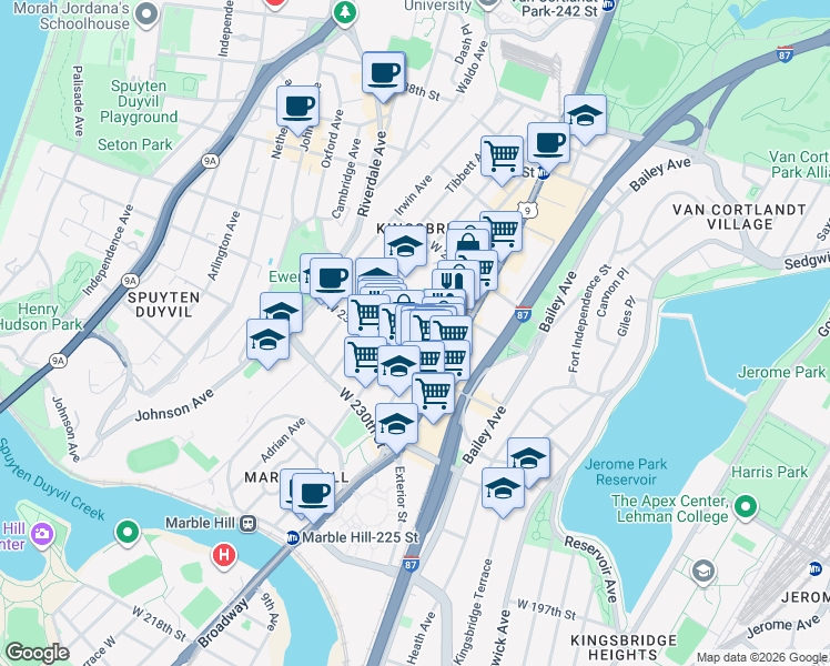 map of restaurants, bars, coffee shops, grocery stores, and more near 3204 Kingsbridge Avenue in Bronx