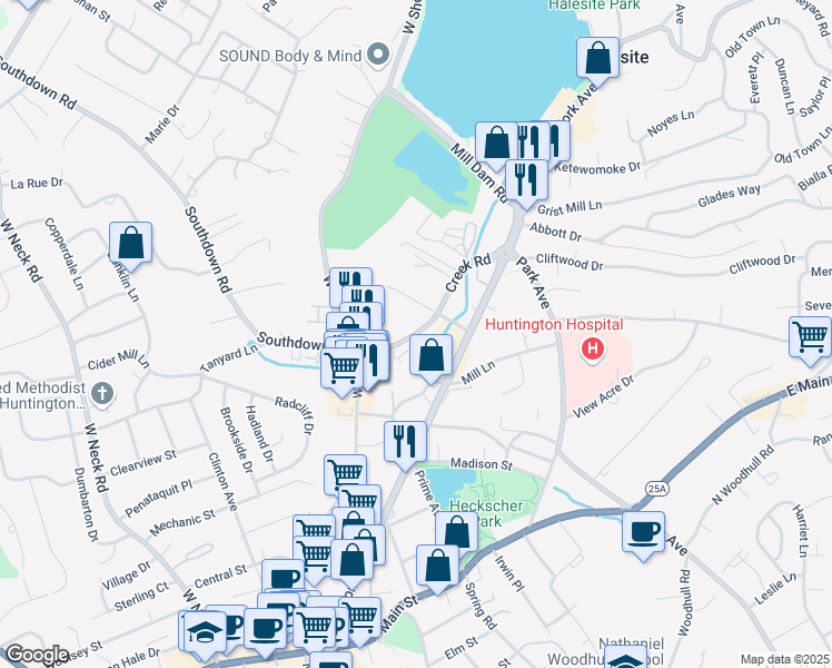 map of restaurants, bars, coffee shops, grocery stores, and more near 22 Creek Road in Halesite