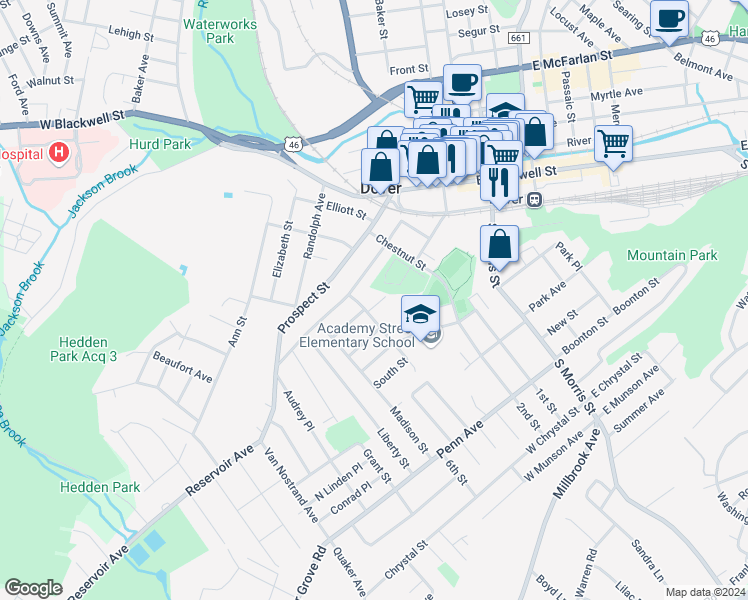 map of restaurants, bars, coffee shops, grocery stores, and more near 9 Spruce Street in Dover