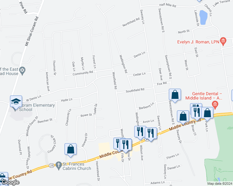 map of restaurants, bars, coffee shops, grocery stores, and more near Westfield Road & Southfield Road in Coram