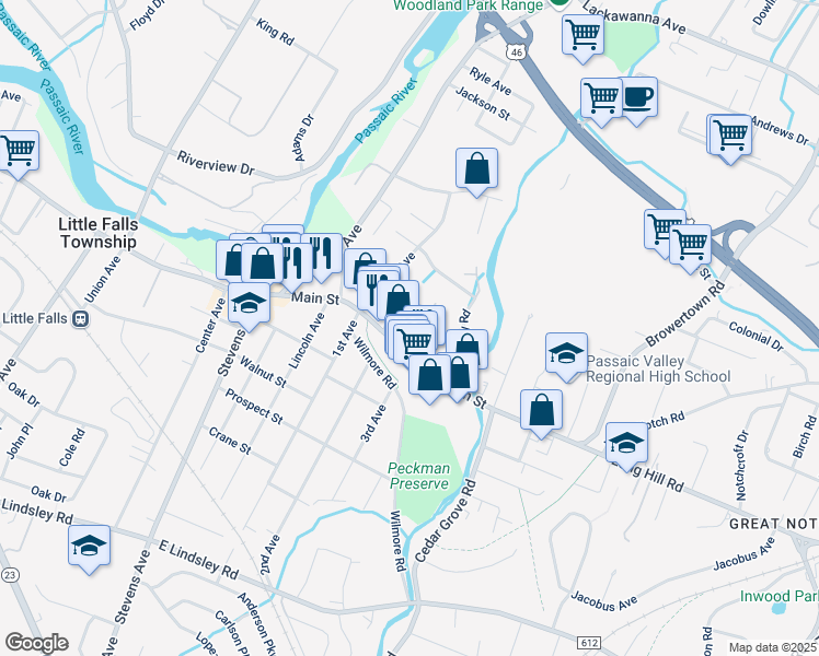 map of restaurants, bars, coffee shops, grocery stores, and more near 17 Van Ness Avenue in Little Falls