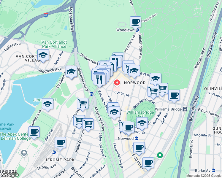 map of restaurants, bars, coffee shops, grocery stores, and more near 3421 Dekalb Avenue in Bronx