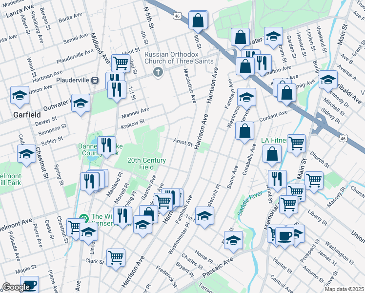 map of restaurants, bars, coffee shops, grocery stores, and more near 389 Macarthur Avenue in Garfield