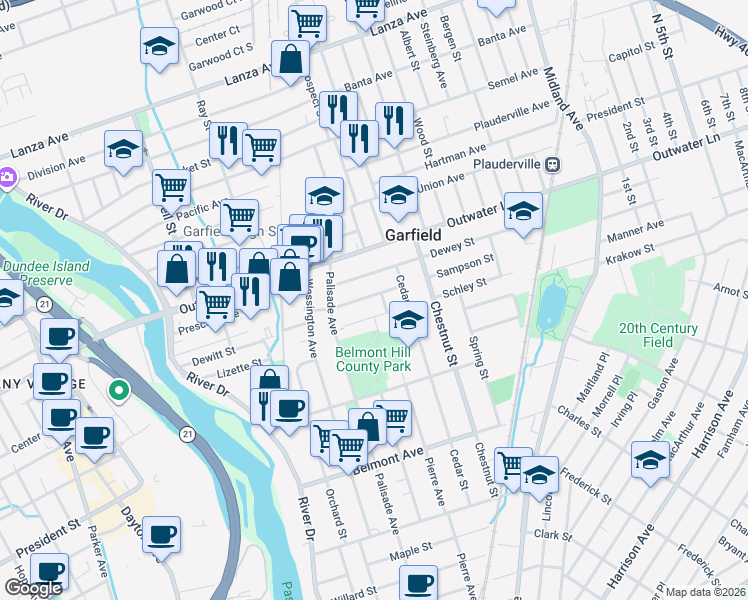 map of restaurants, bars, coffee shops, grocery stores, and more near 40 Dewey Street in Garfield