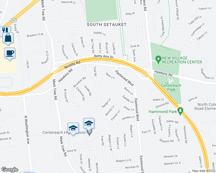 map of restaurants, bars, coffee shops, grocery stores, and more near 58 Saddle Lane in Centereach