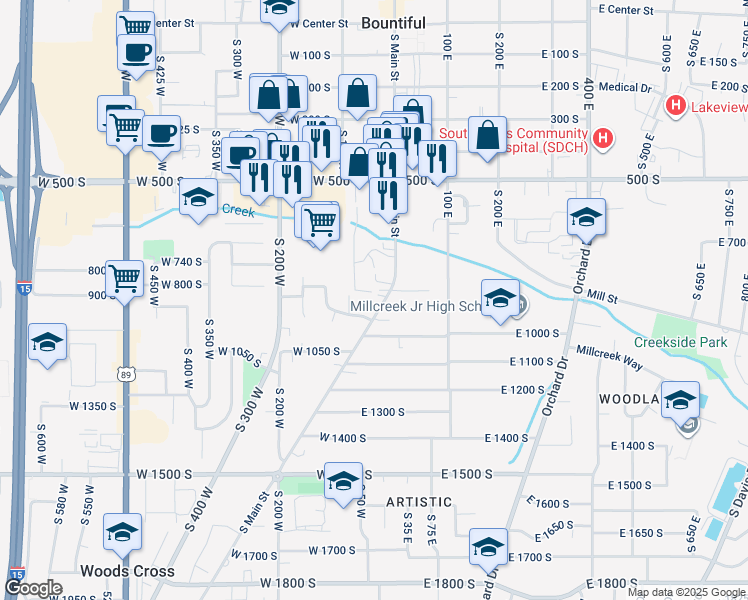map of restaurants, bars, coffee shops, grocery stores, and more near 846 South Main Street in Bountiful