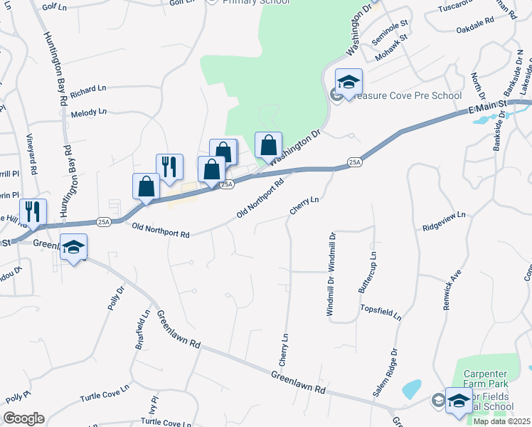 map of restaurants, bars, coffee shops, grocery stores, and more near 84 Old Northport Road in Huntington
