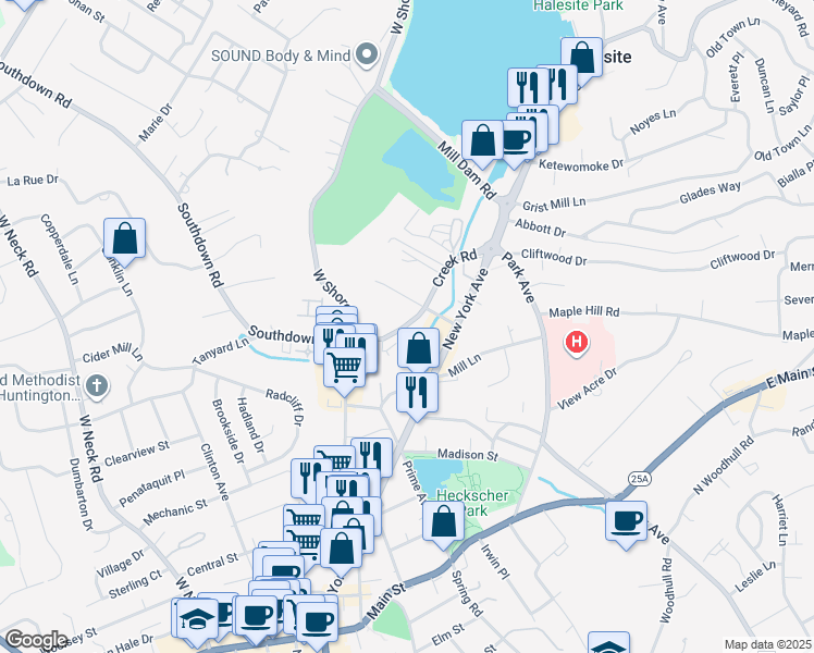 map of restaurants, bars, coffee shops, grocery stores, and more near 2 Hill Place in Huntington