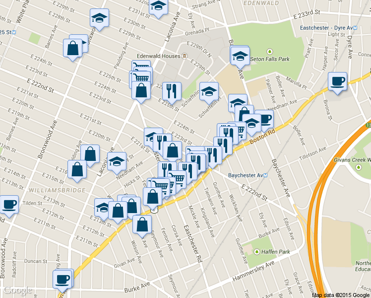 map of restaurants, bars, coffee shops, grocery stores, and more near 1261 East 223rd Street in Bronx