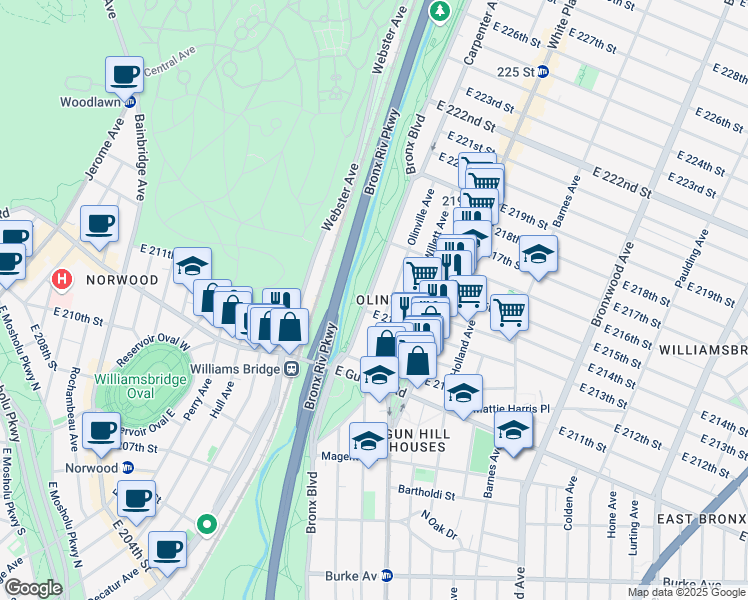 map of restaurants, bars, coffee shops, grocery stores, and more near in The Bronx