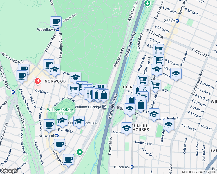 map of restaurants, bars, coffee shops, grocery stores, and more near 3560 Webster Avenue in Bronx