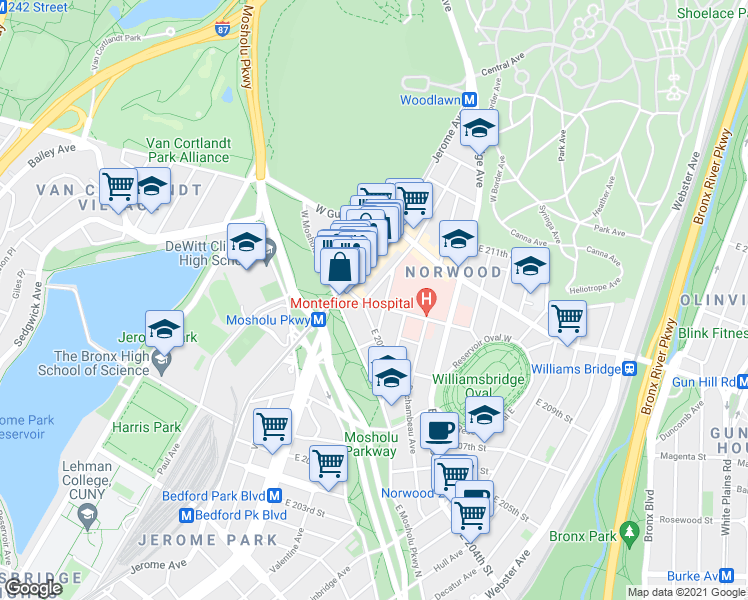 map of restaurants, bars, coffee shops, grocery stores, and more near 3421 Dekalb Avenue in Bronx