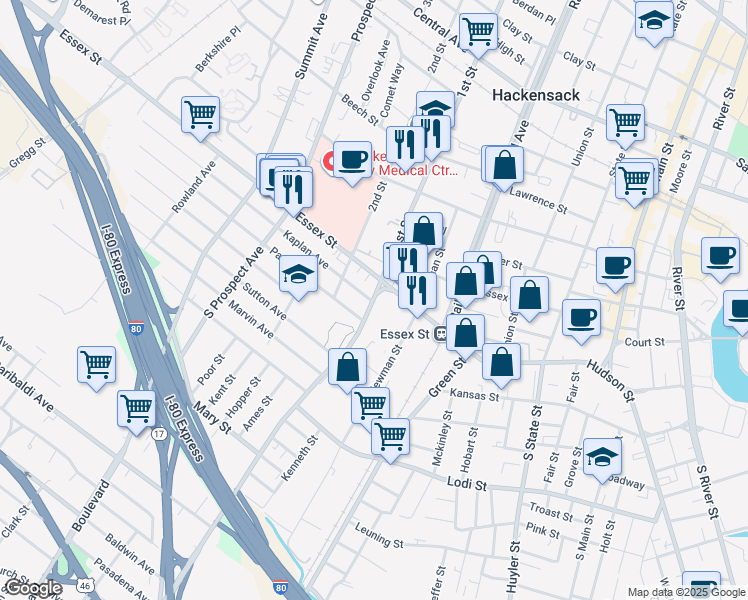 map of restaurants, bars, coffee shops, grocery stores, and more near 9 Polifly Road in Hackensack