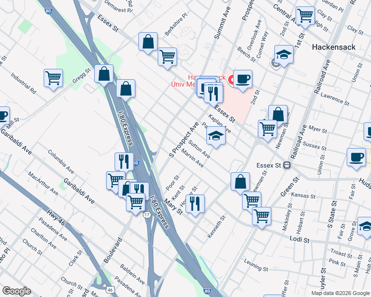 map of restaurants, bars, coffee shops, grocery stores, and more near 87 South Prospect Avenue in Hackensack