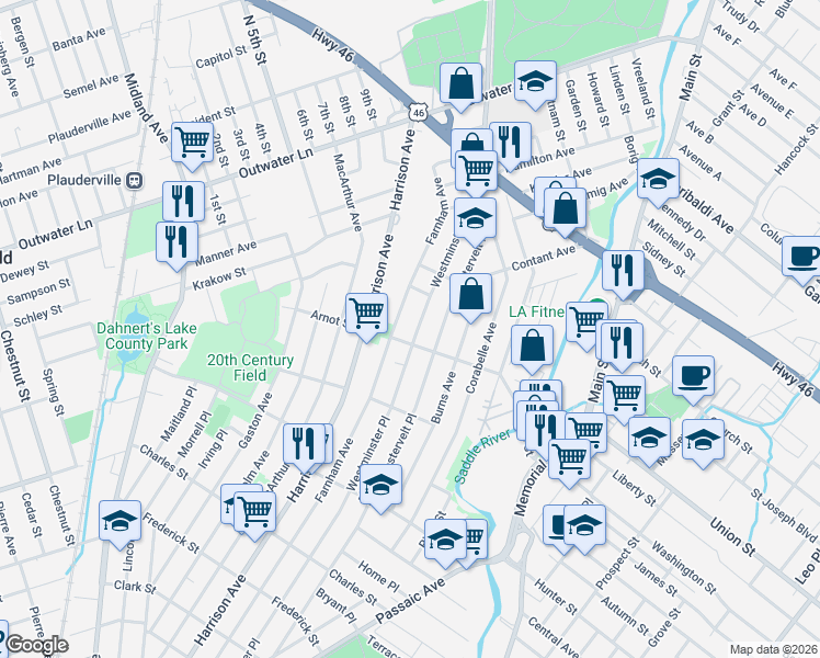 map of restaurants, bars, coffee shops, grocery stores, and more near 413 Farnham Avenue in Lodi