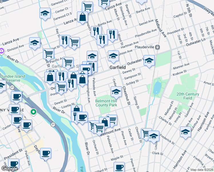 map of restaurants, bars, coffee shops, grocery stores, and more near 40 Dewey Street in Garfield