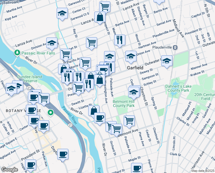 map of restaurants, bars, coffee shops, grocery stores, and more near in Garfield