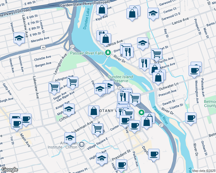 map of restaurants, bars, coffee shops, grocery stores, and more near 201 Randolph Avenue in Clifton