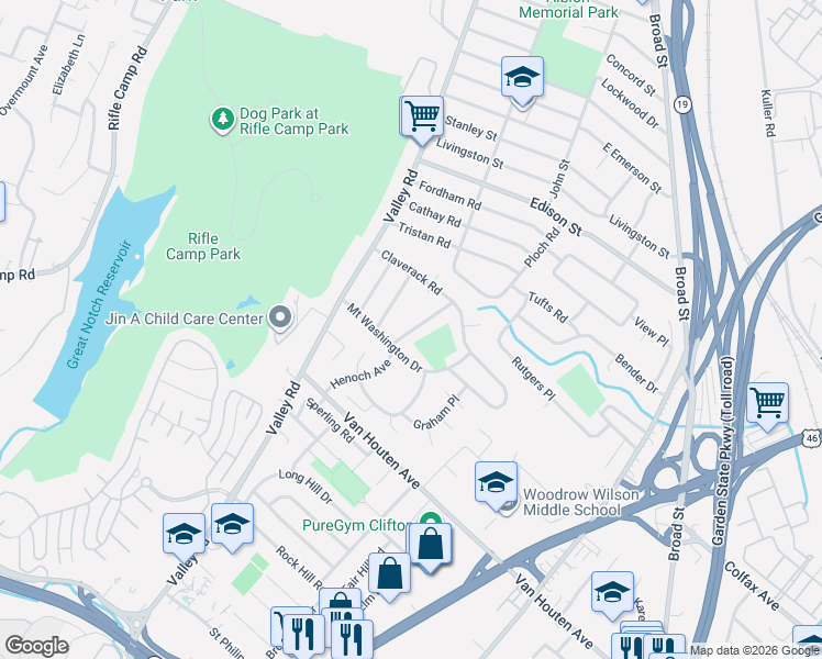 map of restaurants, bars, coffee shops, grocery stores, and more near 25 Van Wagoner Avenue in Clifton