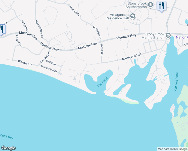 map of restaurants, bars, coffee shops, grocery stores, and more near 134 Middle Pond Road in Southampton