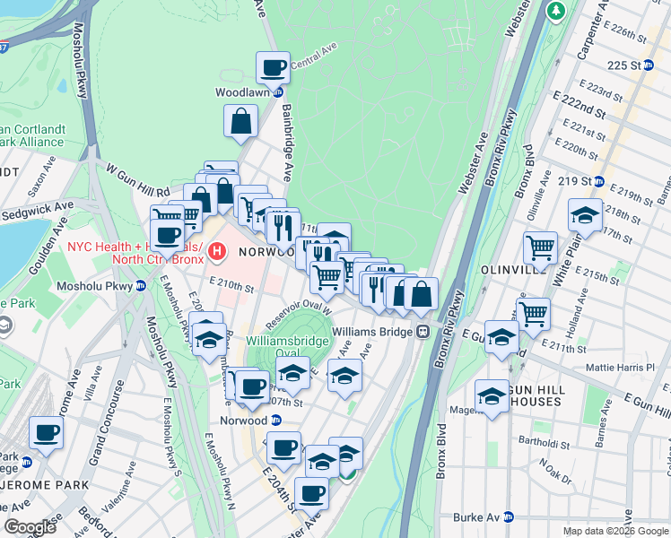 map of restaurants, bars, coffee shops, grocery stores, and more near 3530 Kings College Place in Bronx