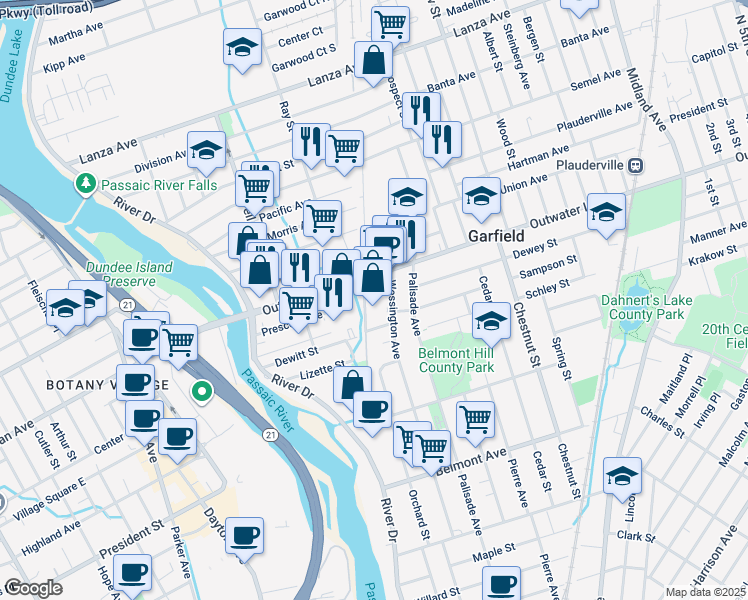 map of restaurants, bars, coffee shops, grocery stores, and more near in Garfield